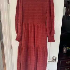 Women’s Long Sleeve Smocked Midi Dress - Rust Red